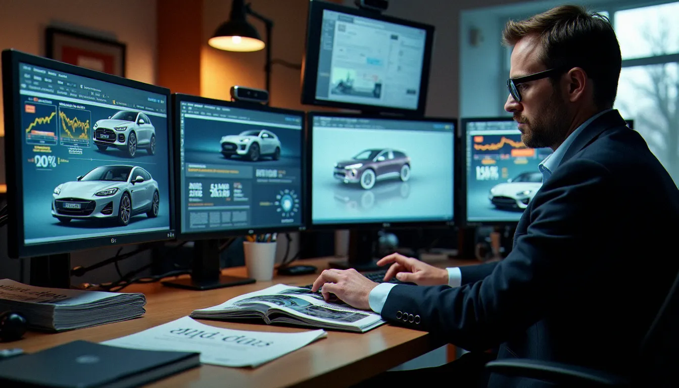 Bureau d'un journaliste automobile professionnel avec fiches techniques et données d'essai, représentant le fonctionnement quotidien de la presse auto spécialisée
