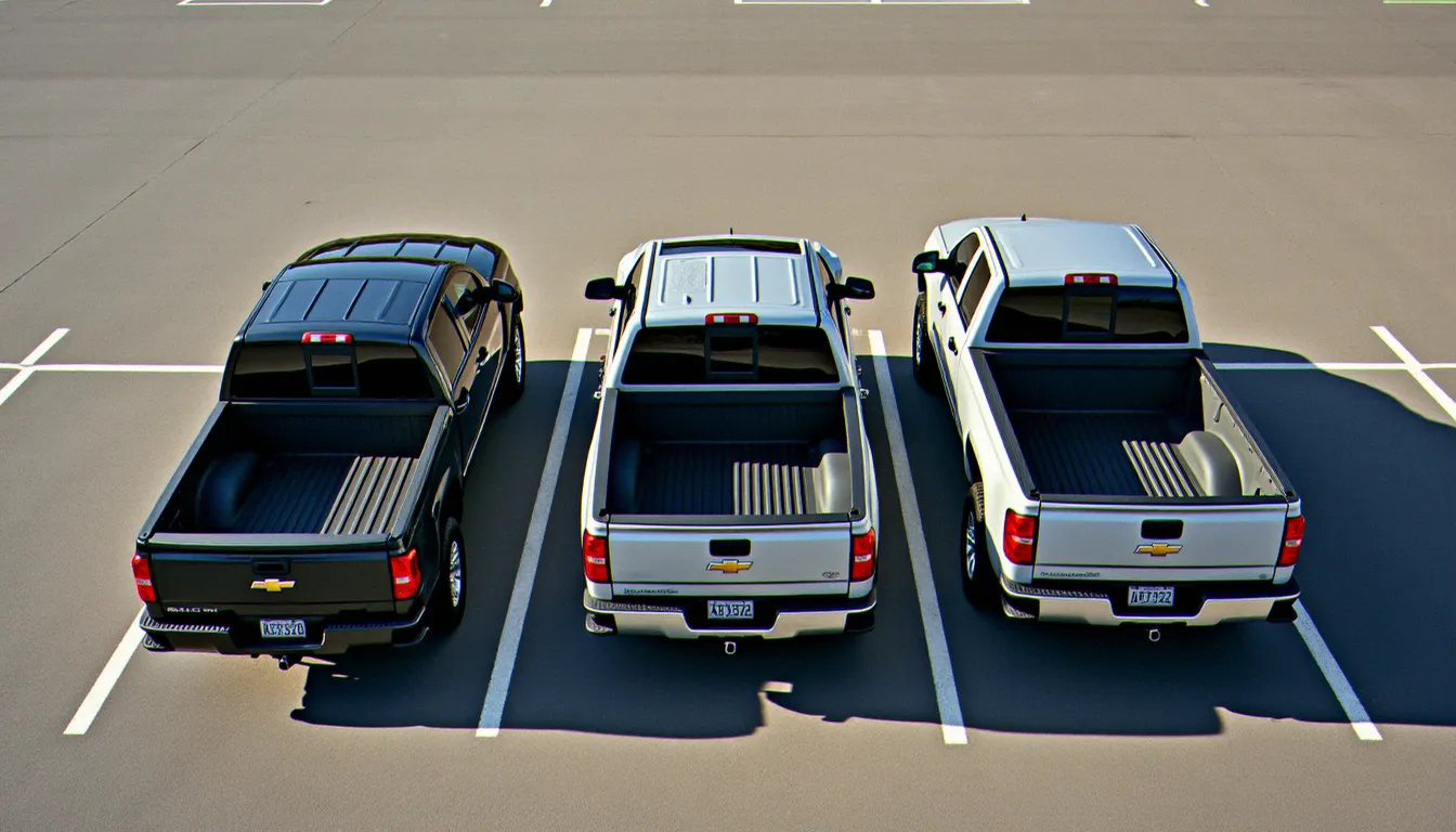 Comparaison de trois pickups aux gabarits différents — compact, full-size et électrique — alignés côte à côte pour visualiser les différences de longueur de caisse