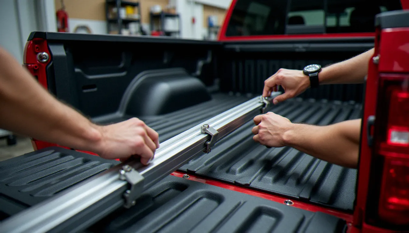 Installation d'un tonneau cover rigide en aluminium sur la boite de pick up, mains de mécanicien ajustant les rails de fixation en atelier