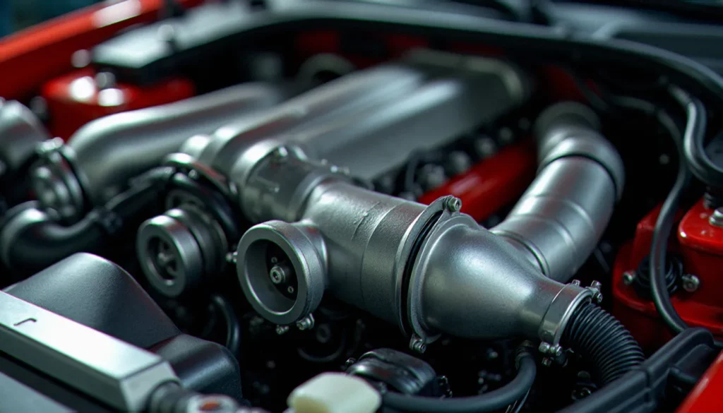 auto avec cheval featured Moteur turbo d'une auto avec cheval élevé, vue détaillée du compartiment moteur avec turbocompresseur visible