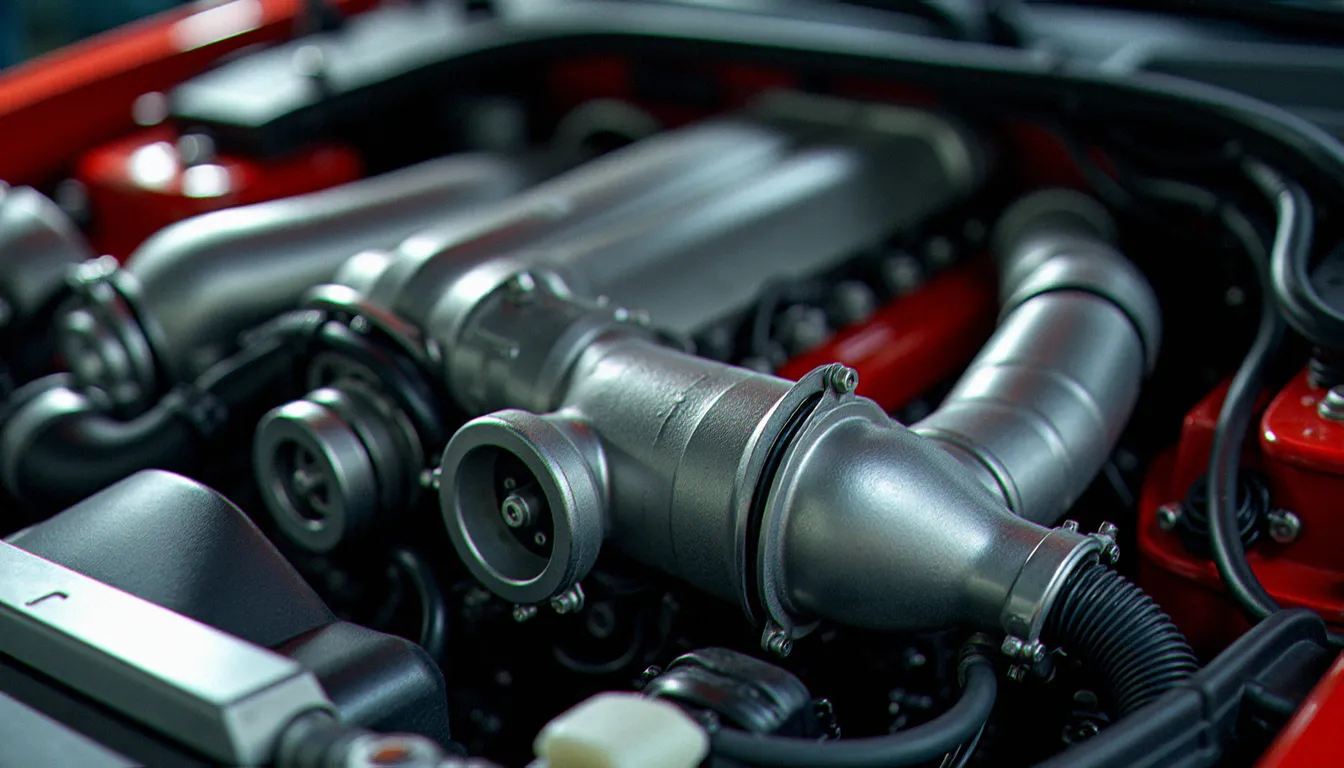 Moteur turbo d'une auto avec cheval élevé, vue détaillée du compartiment moteur avec turbocompresseur visible