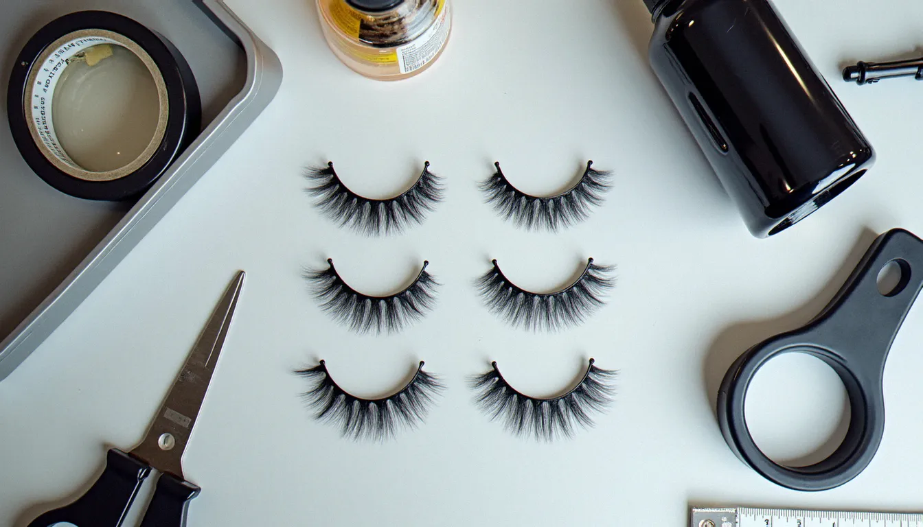 Kit de pose de cils pour voiture avec les accessoires nécessaires : cils en plastique noir, ruban adhésif double face, alcool isopropylique et spatule de débadgeage sur une table d'atelier