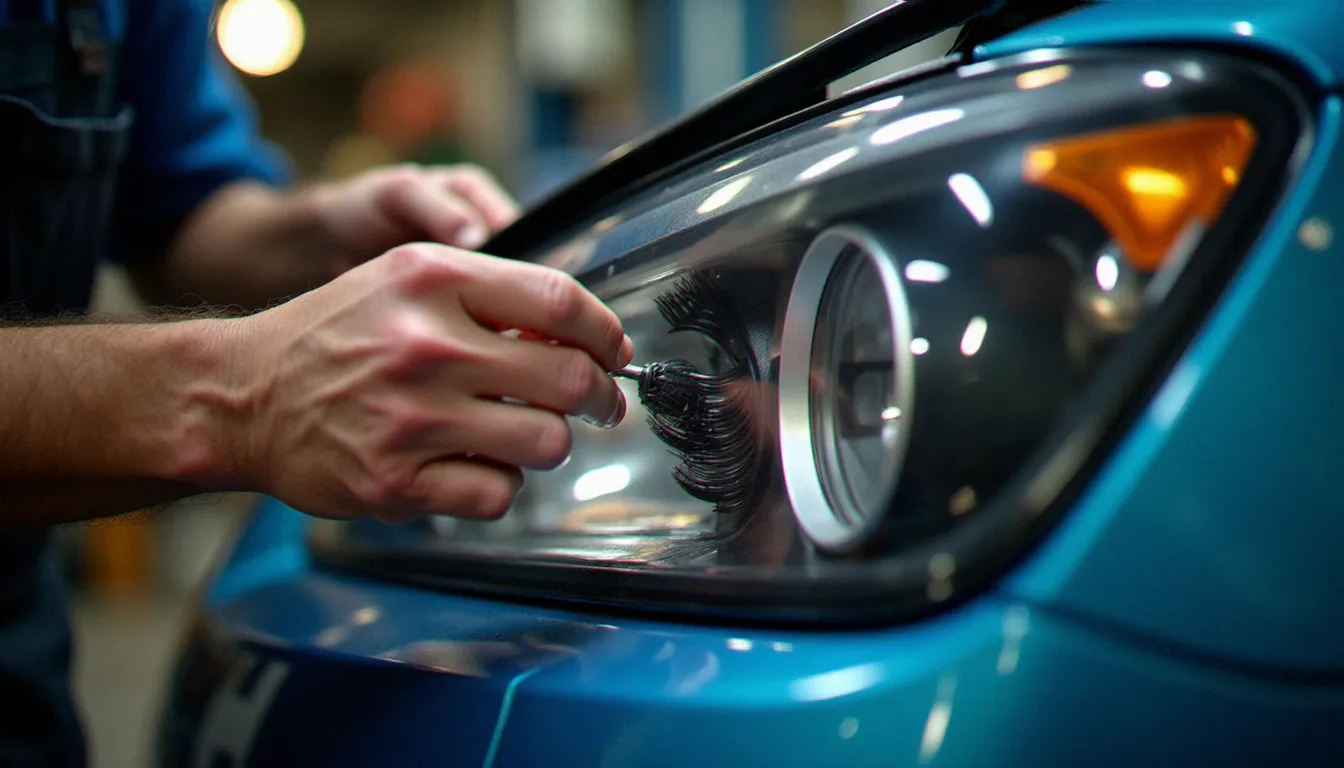 Mains d'un préparateur auto appliquant des cils noirs sur un phare de voiture dans un atelier, étape de collage lors de la pose d'une auto avec des cils