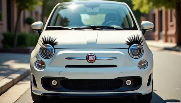 Fiat 500 blanche avec des cils noirs posés au-dessus des phares ronds, donnant à l'auto avec des cils un aspect expressif et fun