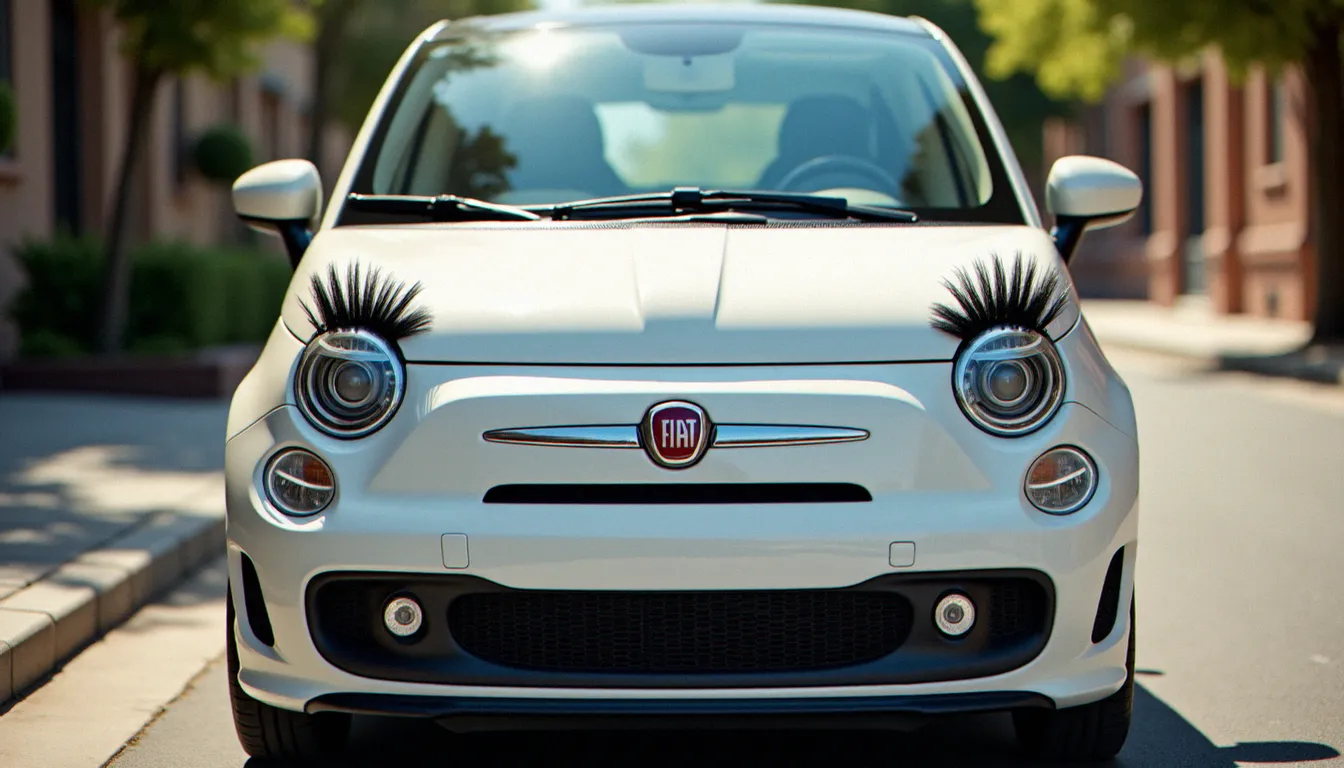 Fiat 500 blanche avec des cils noirs posés au-dessus des phares ronds, donnant à l'auto avec des cils un aspect expressif et fun