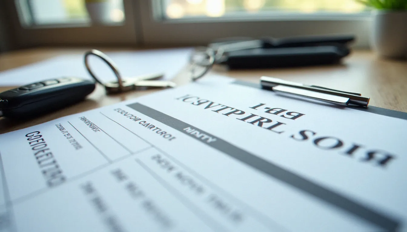 Contrat de crédit auto avec financement maison posé sur un bureau avec un stylo et des clés de voiture