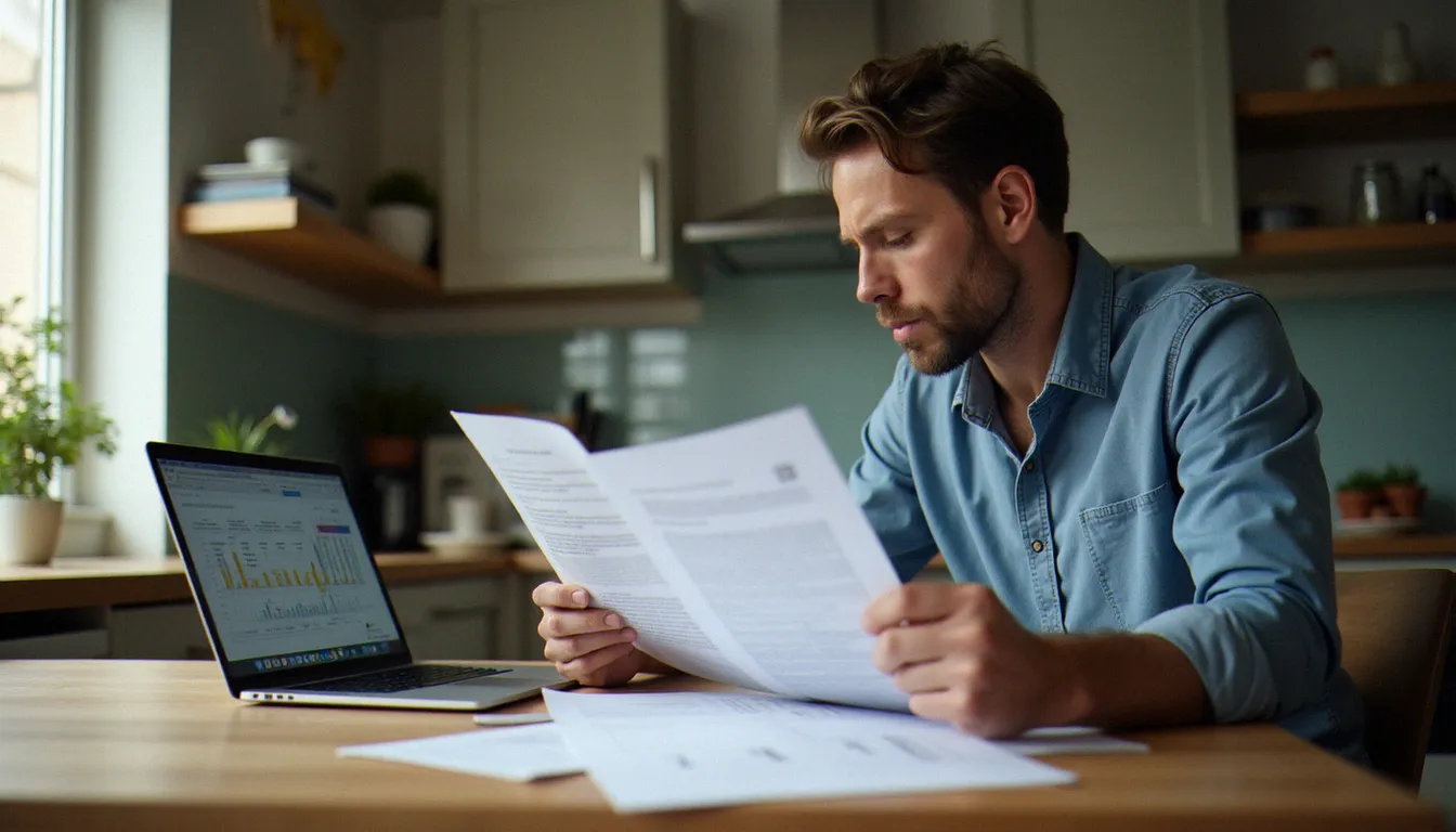Comparaison de deux offres de financement auto sur documents imprimés, avec un ordinateur portable affichant un tableau de calcul