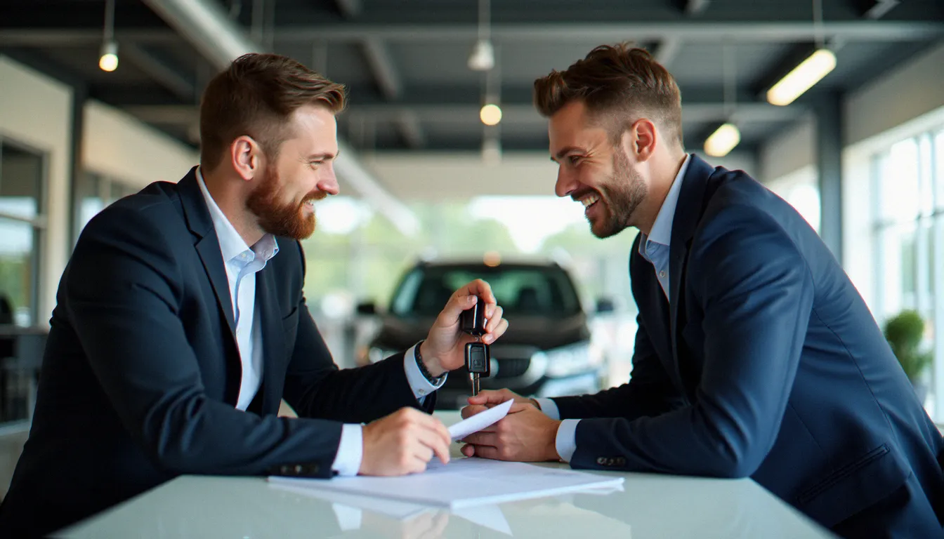 Remise de clés et signature d'un contrat de financement maison pour une auto dans une concession automobile moderne