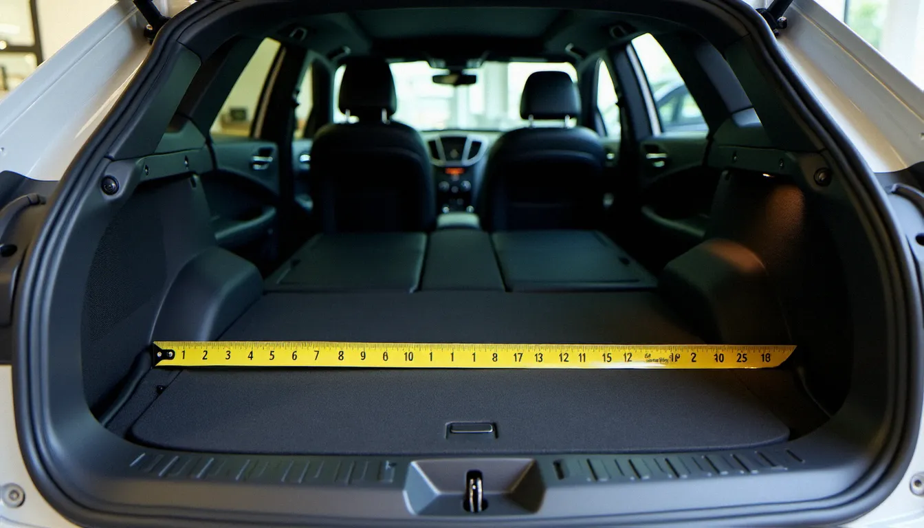 Coffre de voiture familiale avec sièges arrière rabattus et plancher plat, mètre ruban posé pour mesurer les dimensions