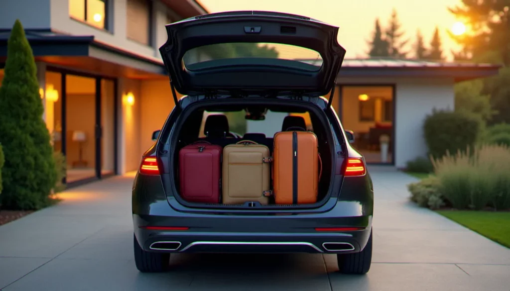 auto avec grand coffre featured Une auto avec grand coffre ouvert chargée de valises et sacs de voyage, vue arrière en lumière naturelle