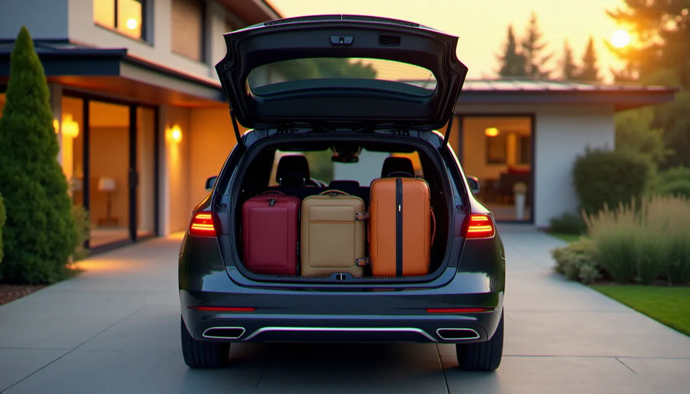 Une auto avec grand coffre ouvert chargée de valises et sacs de voyage, vue arrière en lumière naturelle