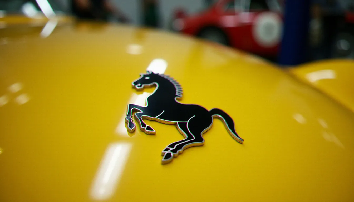 Badge cheval cabré Ferrari monté sur le capot d'une voiture de course italienne vintage jaune dans un atelier