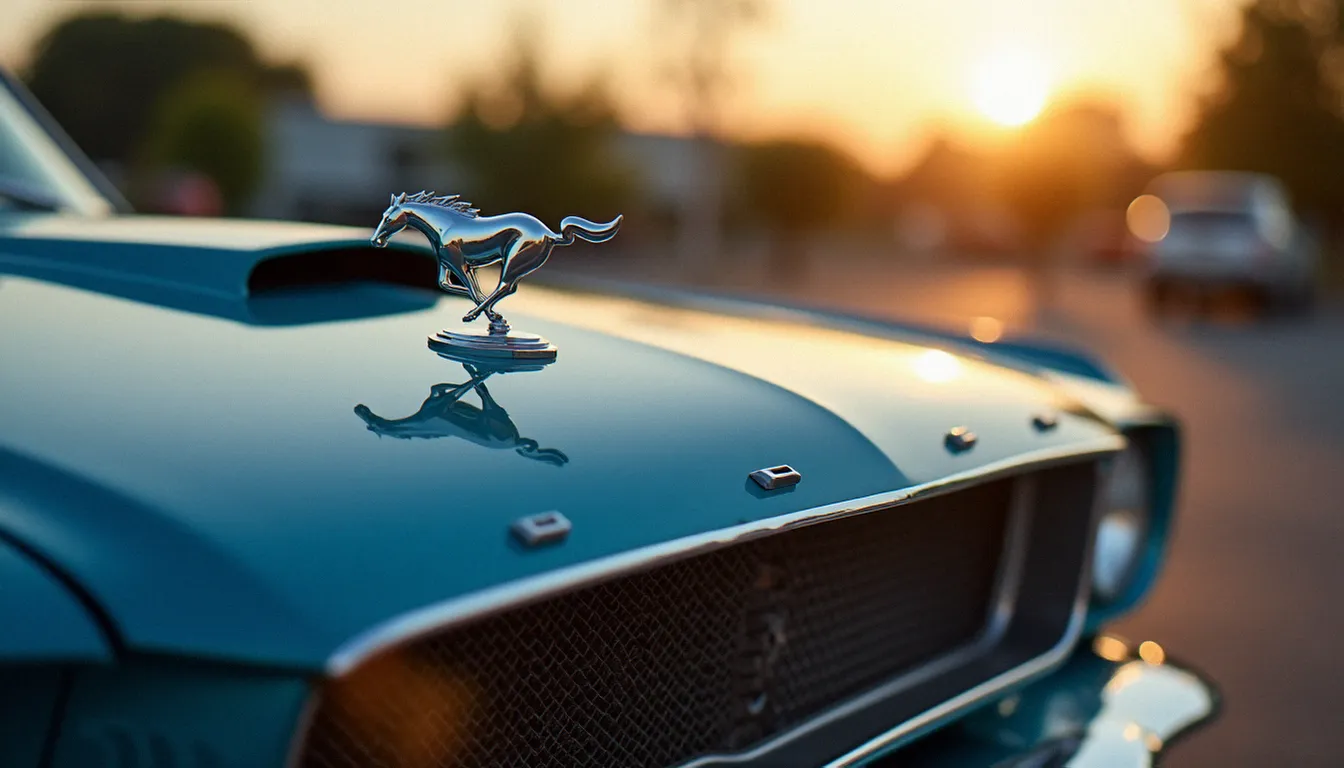 Badge mustang chromé au galop sur la calandre d'une Ford Mustang bleue classique de 1965 éclairée en lumière dorée