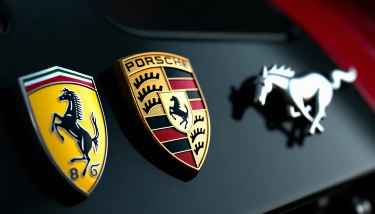 Trois emblèmes d'auto avec logo cheval côte à côte : badge Ferrari cheval cabré, écusson Porsche et badge Ford Mustang chromé
