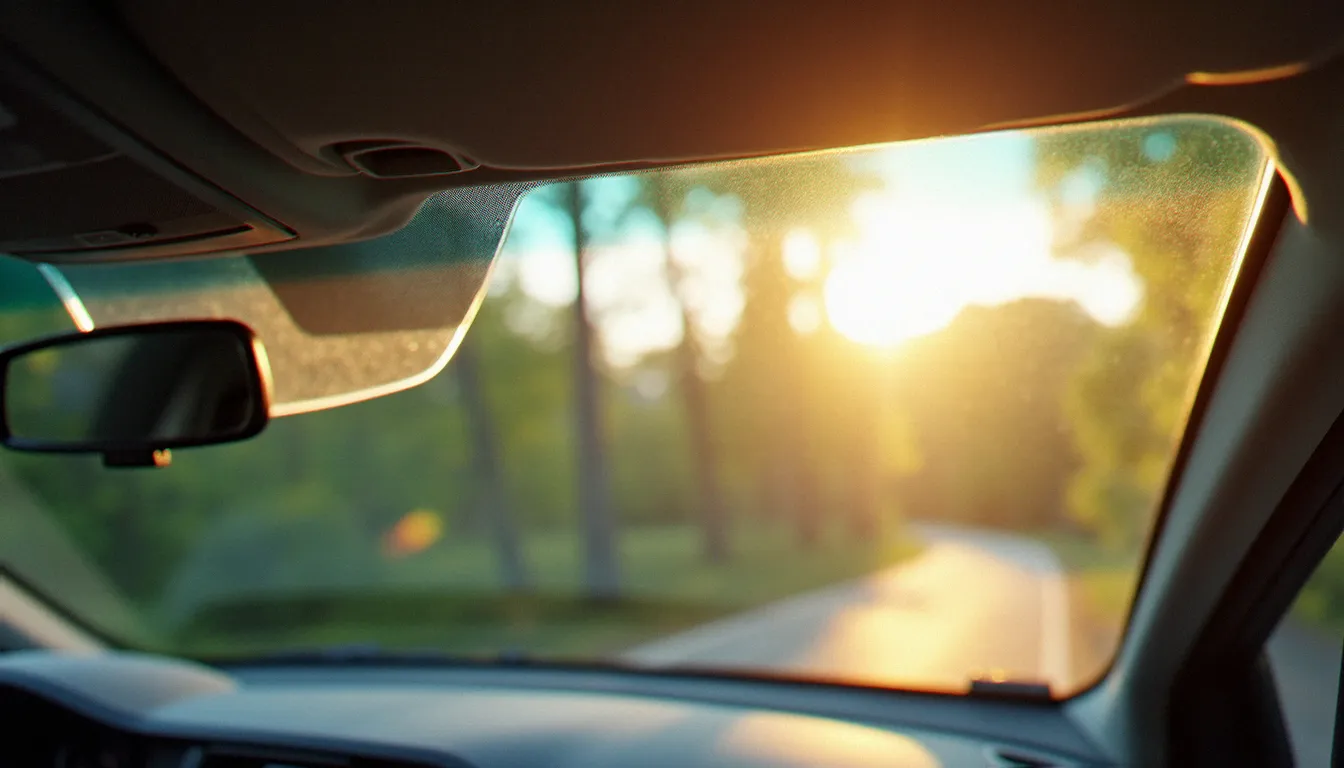 Déflecteur de vent transparent monté sur le bord avant d'un toit ouvrant d'automobile, vue depuis l'habitacle