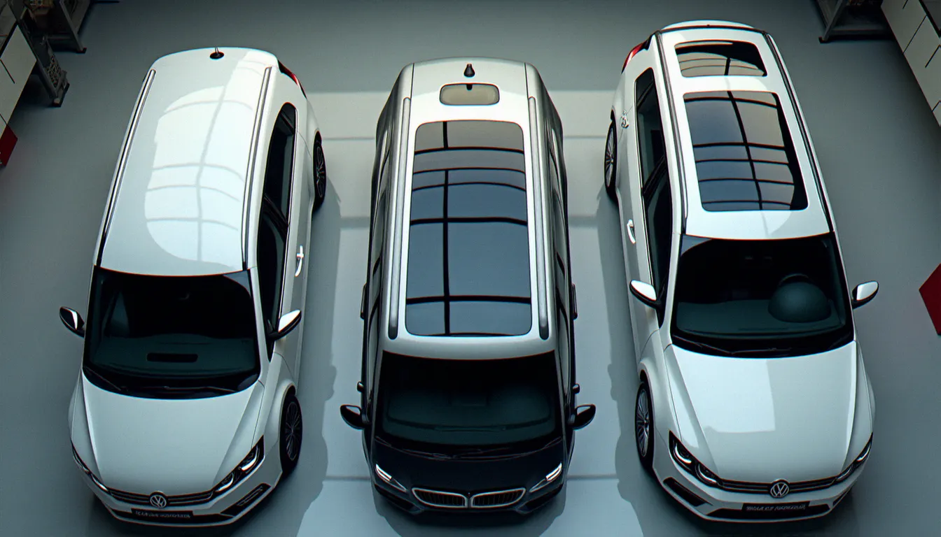 Comparaison des trois types de toits panoramiques automobiles côte à côte dans un atelier de carrosserie éclairé à la lumière naturelle