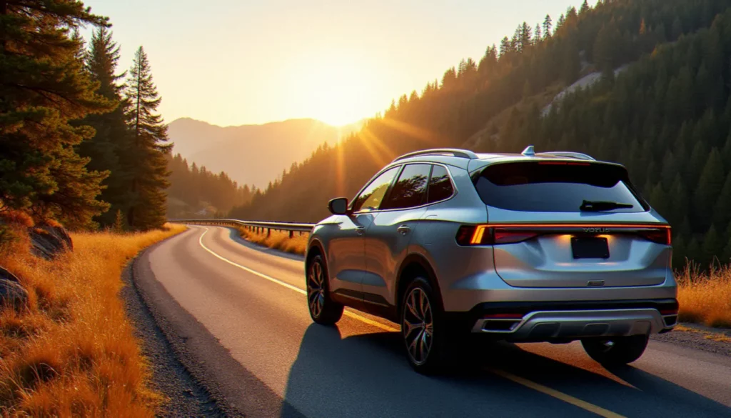 auto avec toit panoramique featured Auto avec toit panoramique, un SUV argenté garé sur une route de montagne au coucher du soleil, lumière traversant le verre intégral du pavillon