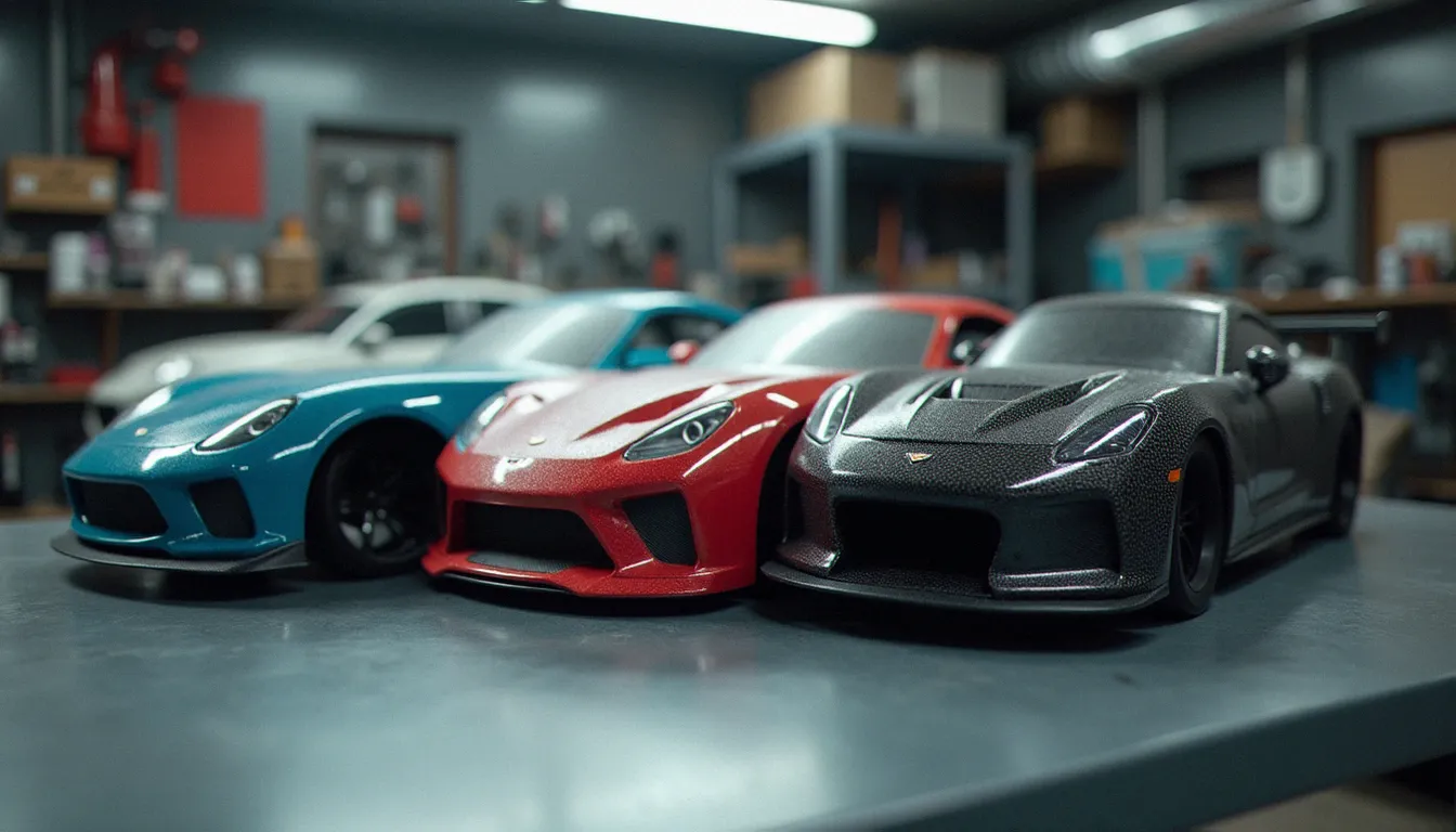 Comparatif de quatre matériaux de kits carrosserie côte à côte : polypropylène, ABS, fibre de verre et carbone tissé, illustrant les différences de texture et d'épaisseur