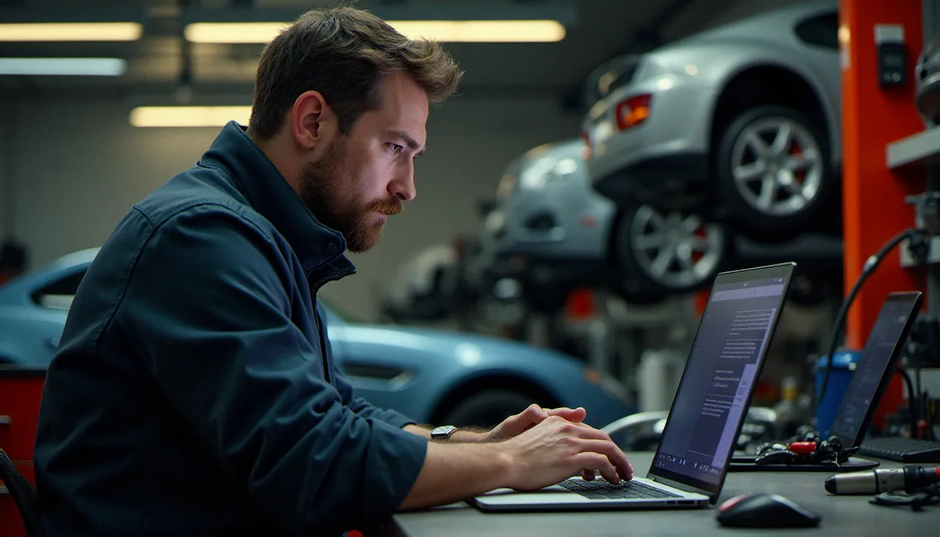 Passionné d'automobile consultant des auto avis en ligne sur un kit carrosserie dans son garage, entouré de pièces et d'outils