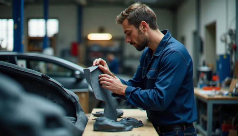 Préparateur auto examinant un kit carrosserie pour évaluer la qualité de surface avant installation, auto avis terrain en atelier