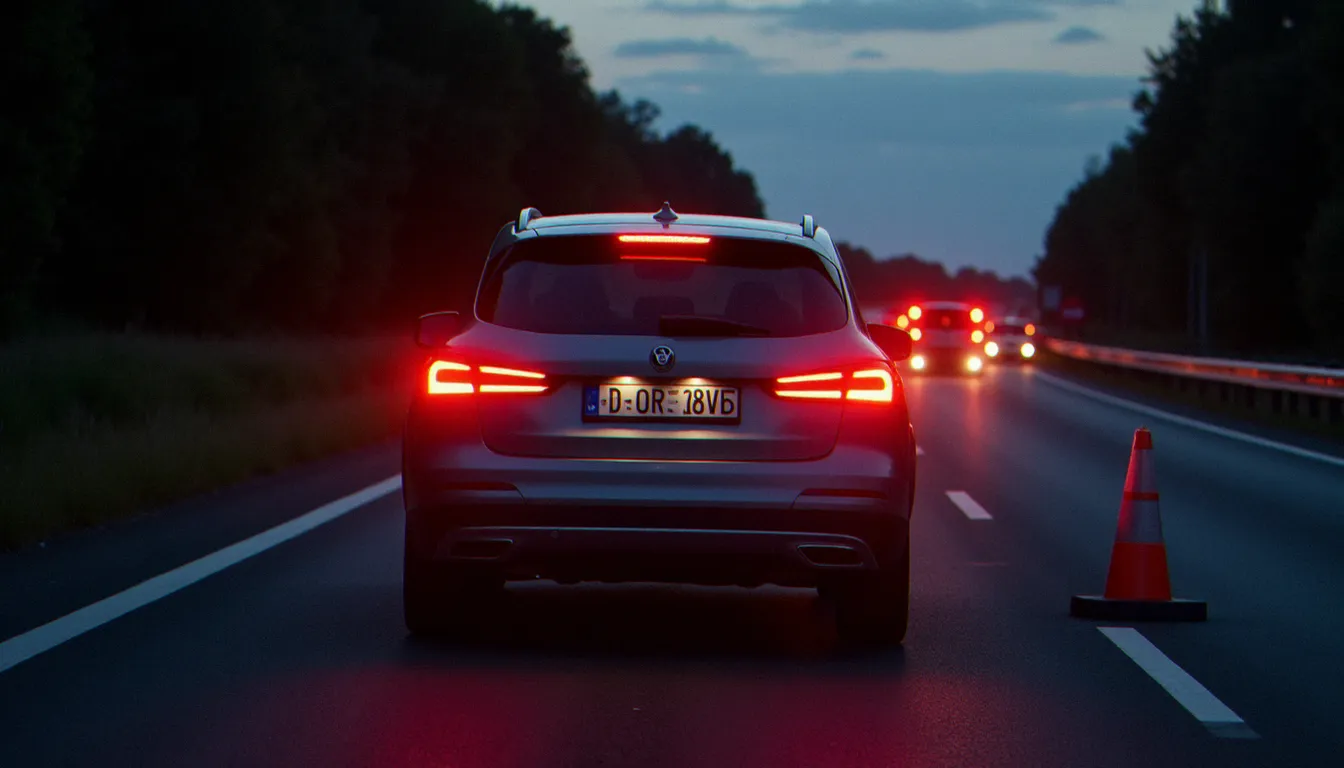 Véhicule en panne sur bande d'arrêt d'urgence avec auto danger light activé et triangle de sécurité posé sur l'autoroute au crépuscule