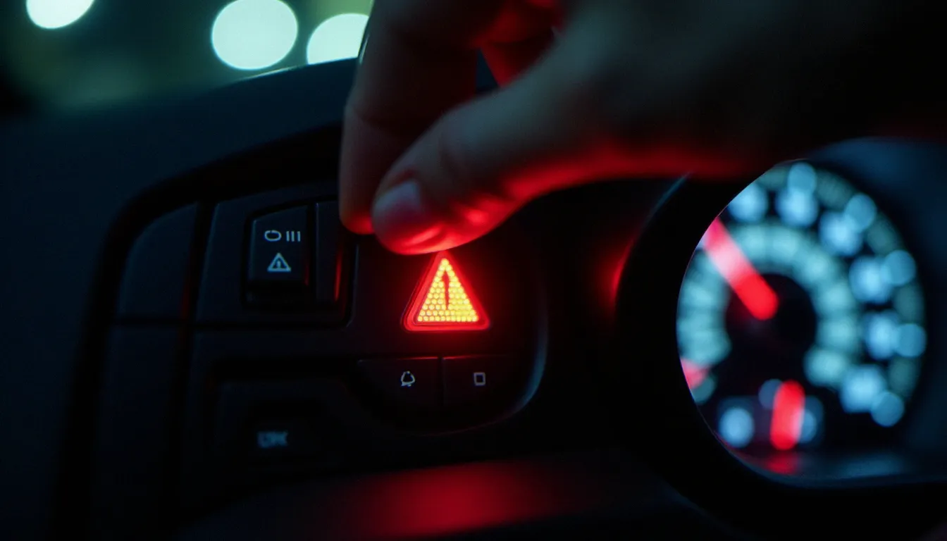 Bouton auto danger light triangle rouge éclairé sur le tableau de bord d'une voiture de nuit