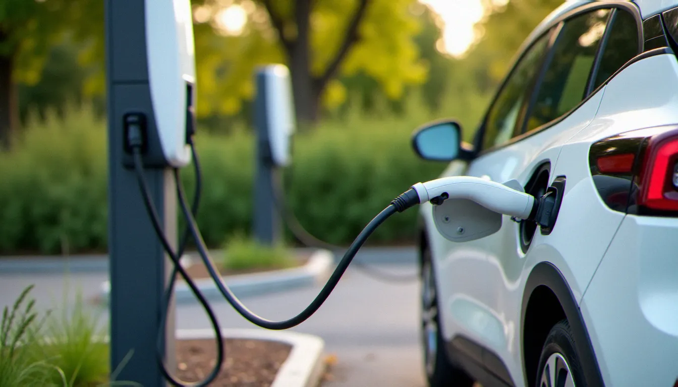 Borne de recharge pour véhicule électrique dans un parking de commune périurbaine près de Montpellier