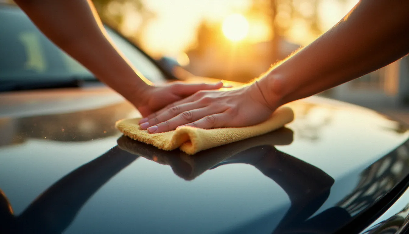 Polissage manuel du capot d'une voiture à la lumière méditerranéenne, surface de peinture brillante reflétant la lumière du soleil