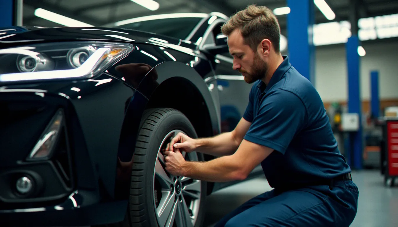Montage de jantes légères aérodynamiques sur un véhicule hybride dans un atelier de préparation automobile