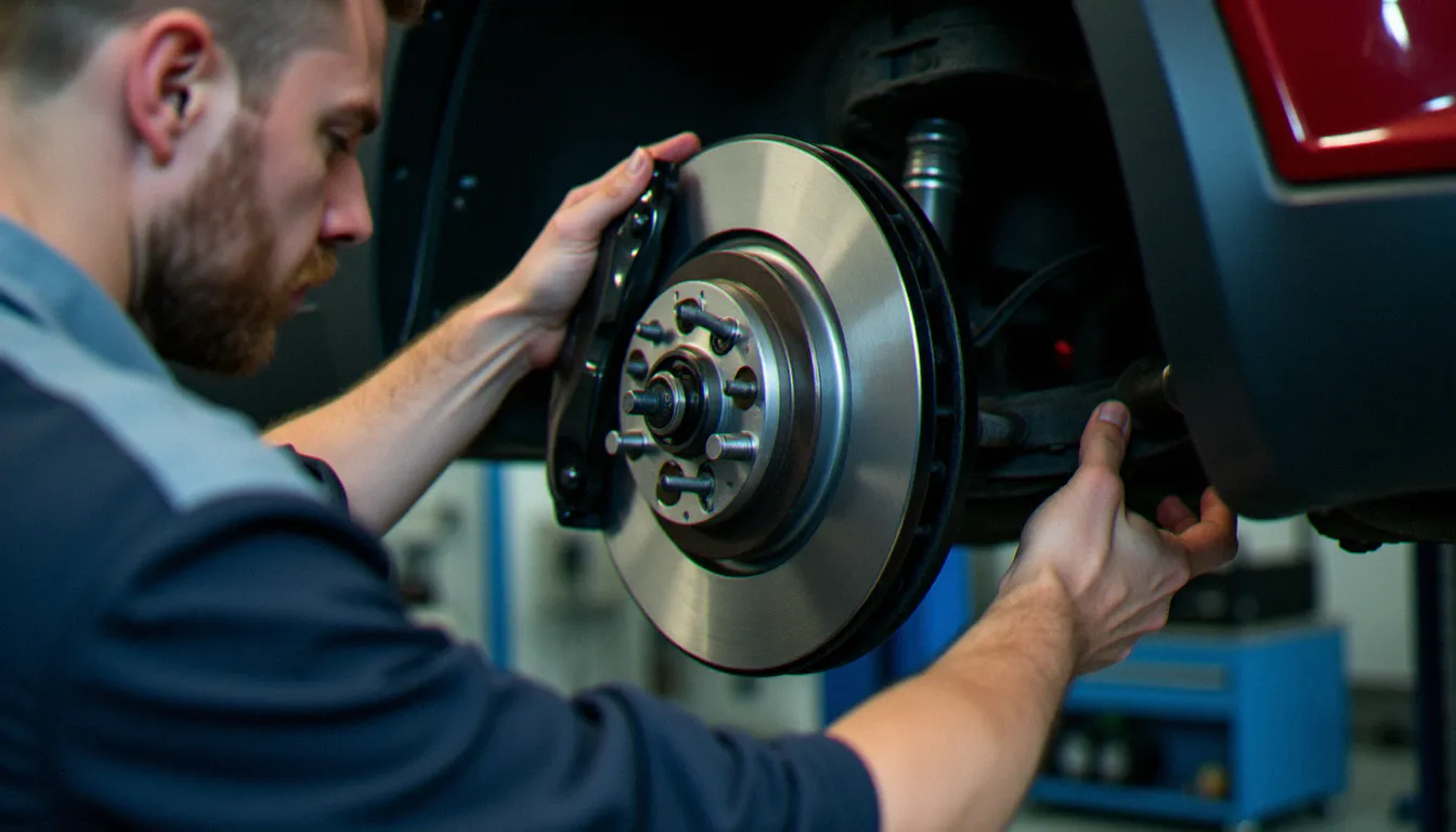 Mécanicien inspectant un disque de frein et un étrier sur une voiture levée en atelier, contrôle technique visuel des freins avant de prendre la route