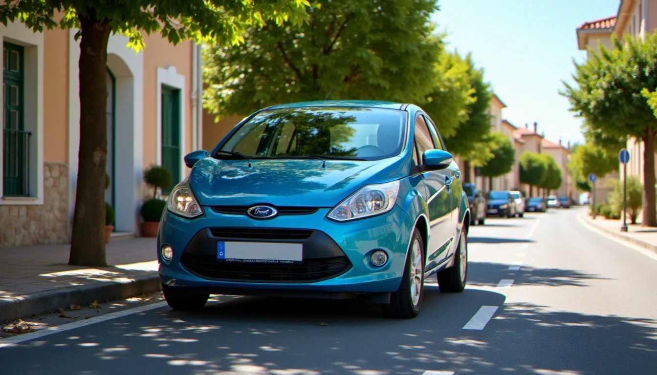 Voiture compacte bien entretenue garée dans une rue ensoleillée de Saint-Jean-de-Védas, peinture brillante reflétant le ciel bleu méditerranéen
