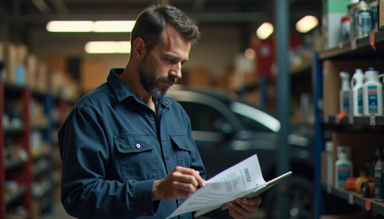 Préparateur auto indépendant consultant ses documents fiscaux sur une tablette dans son atelier, rayonnages d'équipements automobiles en arrière-plan