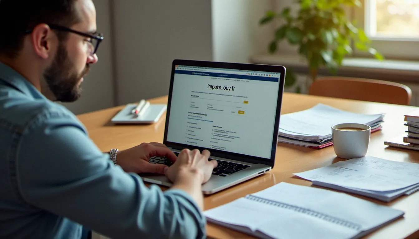 Auto entrepreneur déclarant ses impôts en ligne sur impots.gouv.fr depuis son bureau à domicile, formulaire 2042-C-PRO visible à l'écran