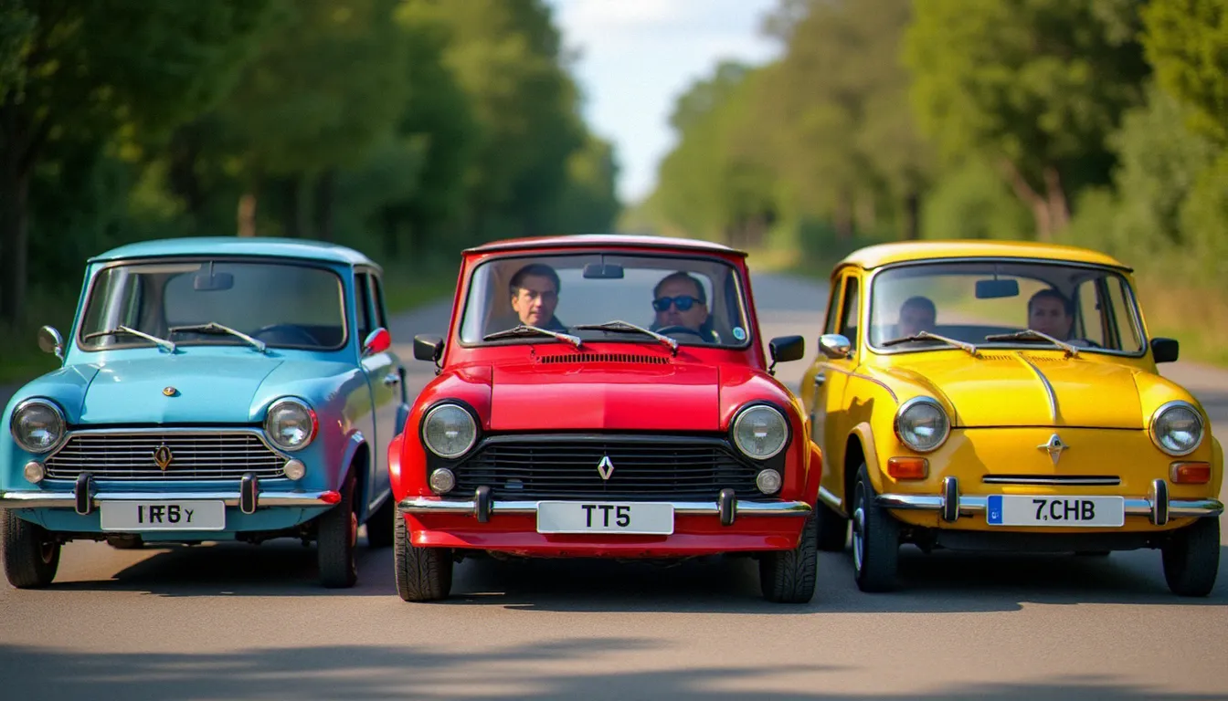 Alignement de différentes générations de Renault 5 côte à côte en extérieur, de la première série 1972 en bleu pâle à la GT Turbo rouge et la R5 E-Tech Electric jaune 2024