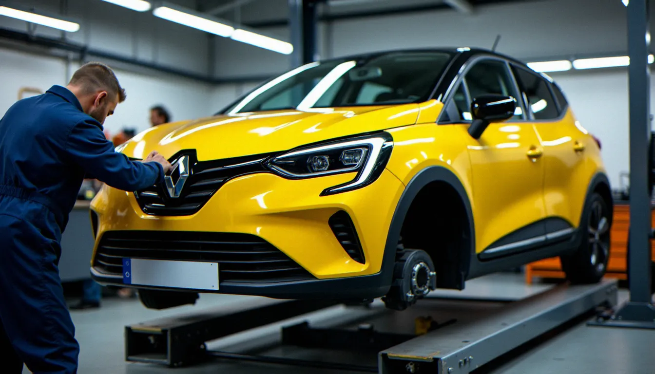 Mécanicien en bleu de travail installant un kit lèvre avant noir en ABS sur une Renault 5 E-Tech Electric jaune sur pont élévateur dans un atelier carrosserie professionnel