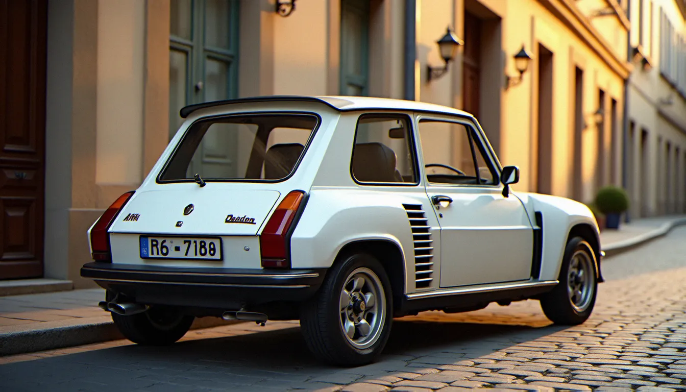 Renault 5 GT Turbo blanche sur rue pavée française en lumière dorée, auto France 5 iconique avec spoilers d'origine et jantes alliage