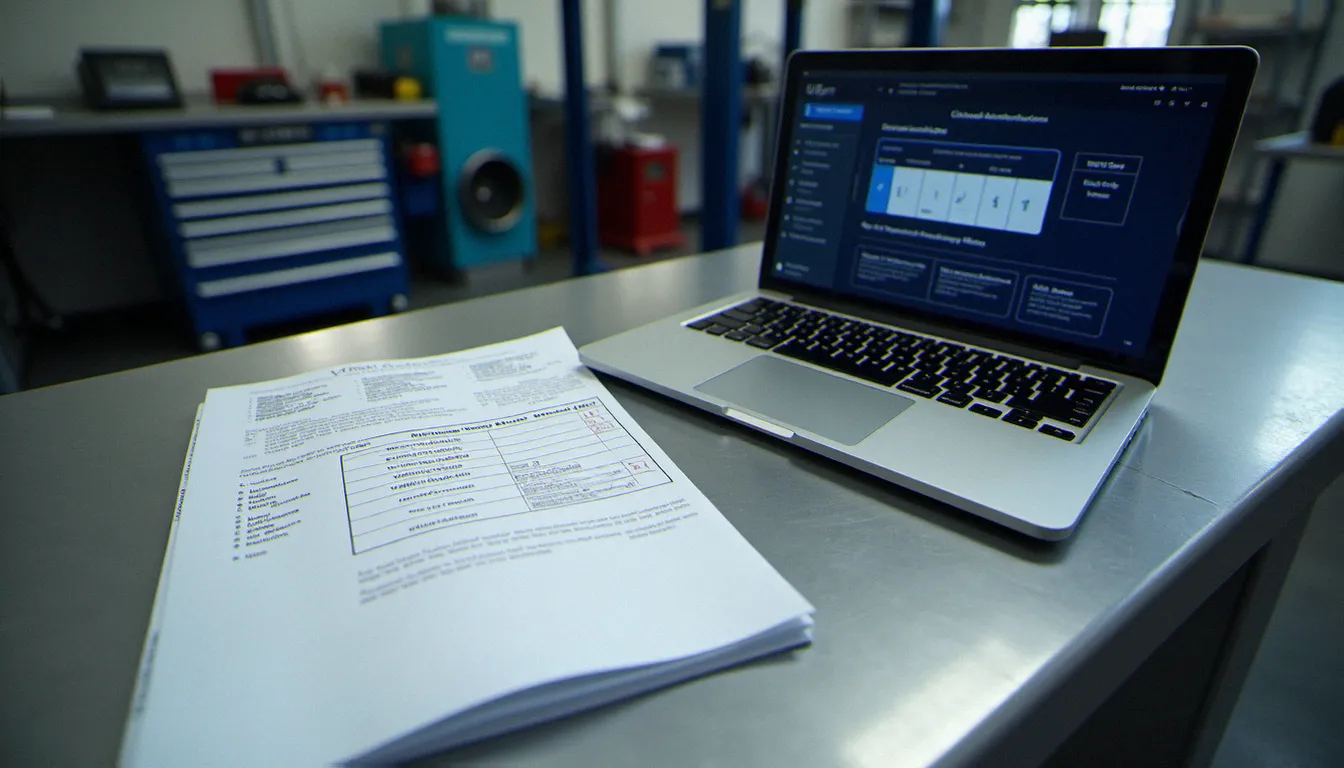 Document de carte grise avec numéro VIN visible posé à côté d'un ordinateur affichant un logiciel d'identification de pièces automobiles