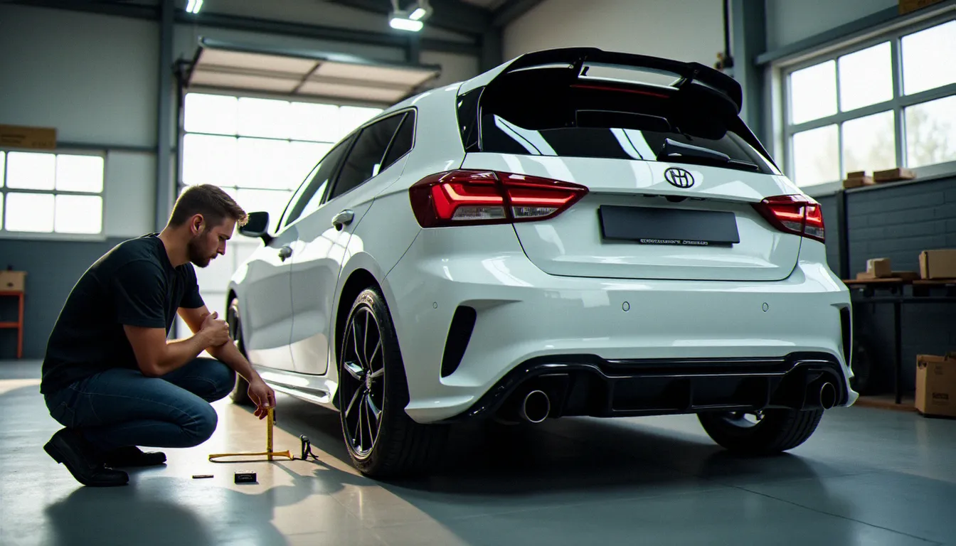 Technicien carrossier comparant un kit carrosserie aftermarket avec la pièce d'origine sur une berline compacte blanche dans un atelier professionnel