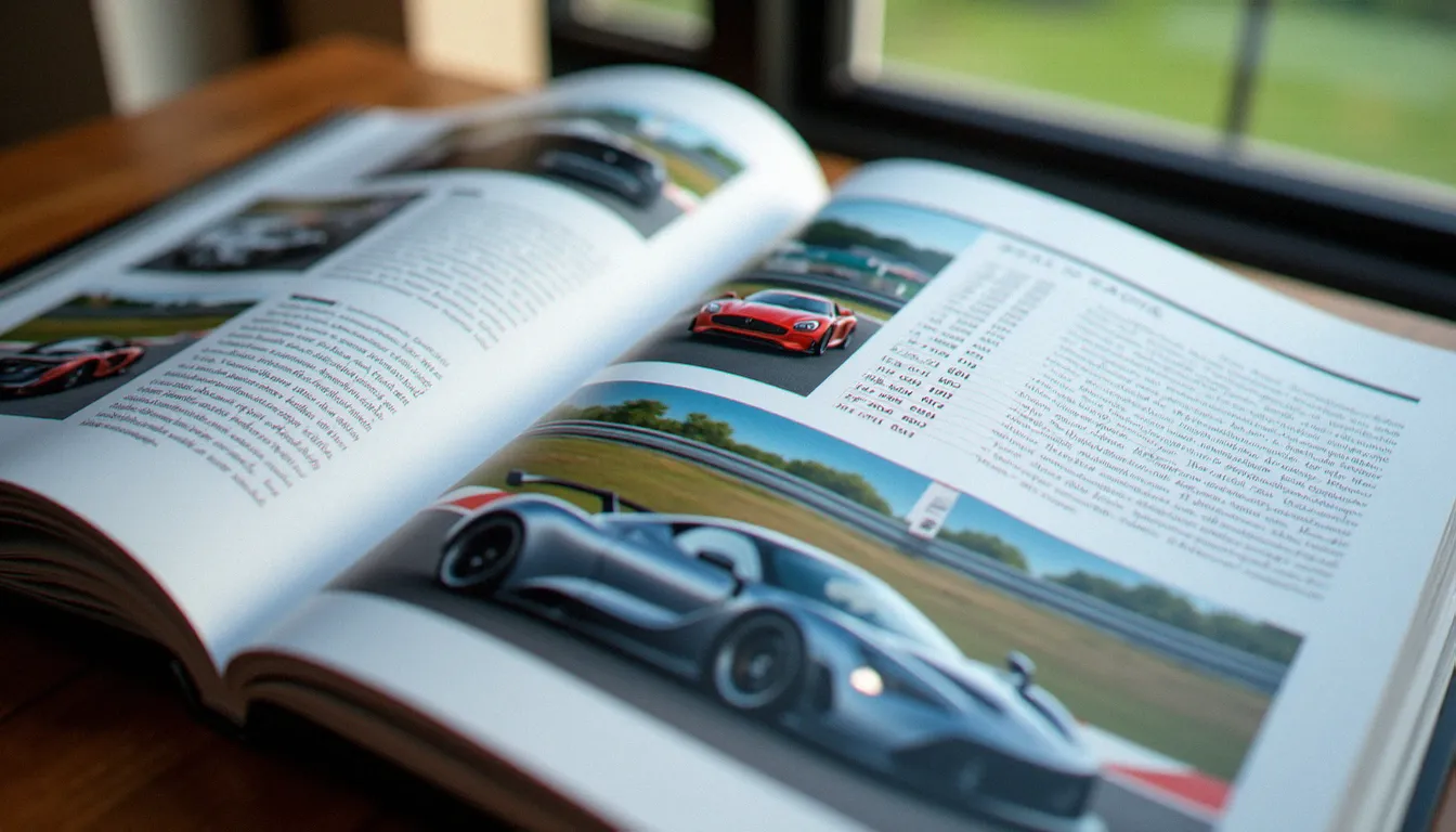 Pages intérieures d'un magazine automobile français avec tableaux de données techniques et photos de voitures de sport sur papier glacé
