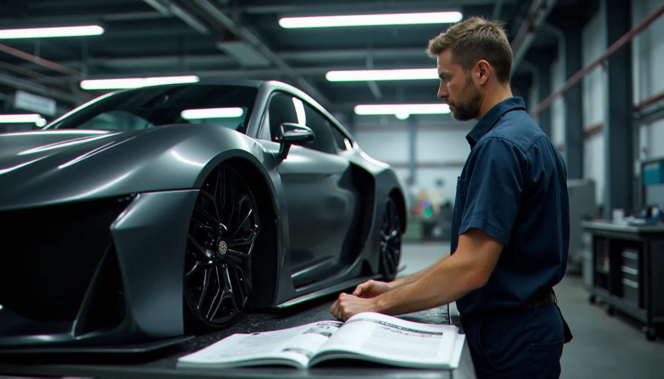 Préparateur auto dans un atelier français examinant un kit carrosserie large corps posé contre une sportive, magazine de référence ouvert sur l'établi
