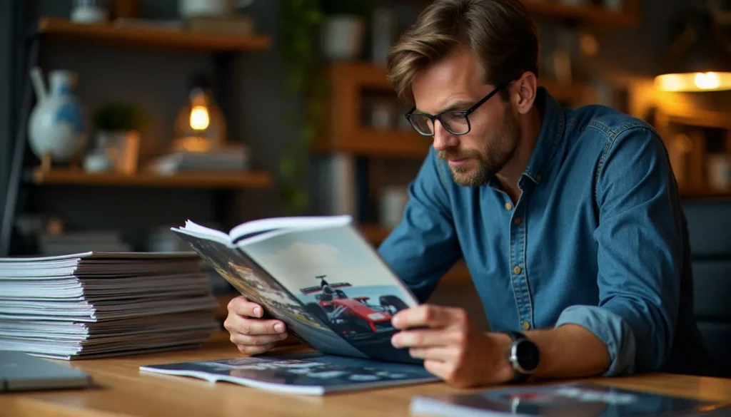 auto hebdo france featured Un passionné d'auto hebdo France parcourant un magazine automobile français posé sur un bureau d'atelier entouré de publications spécialisées