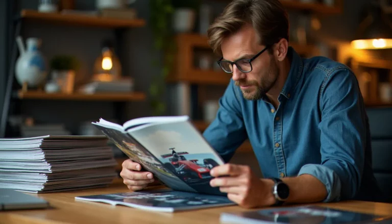 Un passionné d'auto hebdo France parcourant un magazine automobile français posé sur un bureau d'atelier entouré de publications spécialisées
