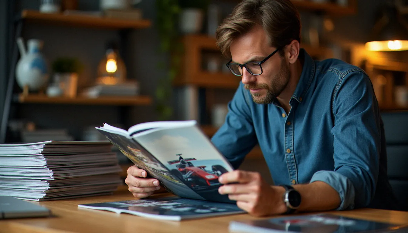 Un passionné d'auto hebdo France parcourant un magazine automobile français posé sur un bureau d'atelier entouré de publications spécialisées