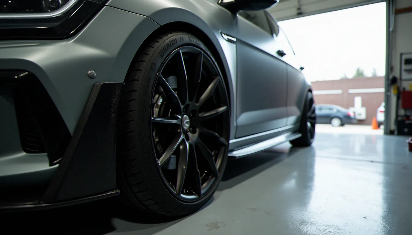 Installation d'un kit carrosserie sur une compacte en atelier, montrant l'impact des équipements extérieurs sur la valeur et le style de l'auto