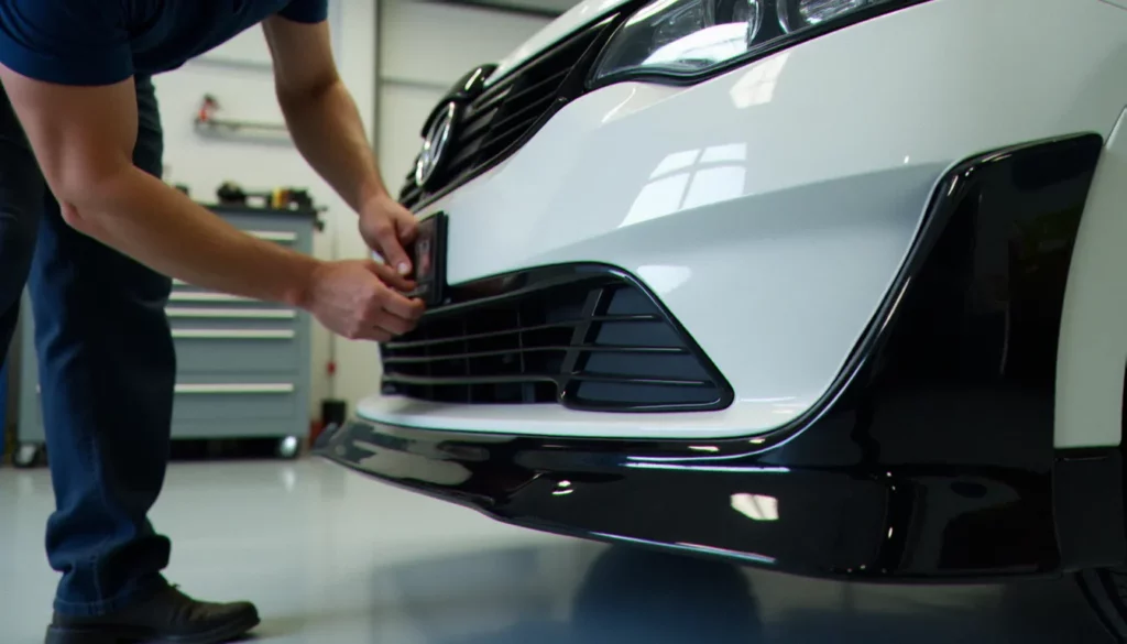 auto prix avis featured Pose d'un kit carrosserie en polyuréthane sur une voiture en atelier — auto prix avis terrain