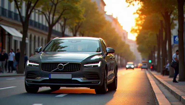 Berline moderne garée sur un boulevard métropolitain français illustrant l'auto prix métropolitain en zone urbaine dense