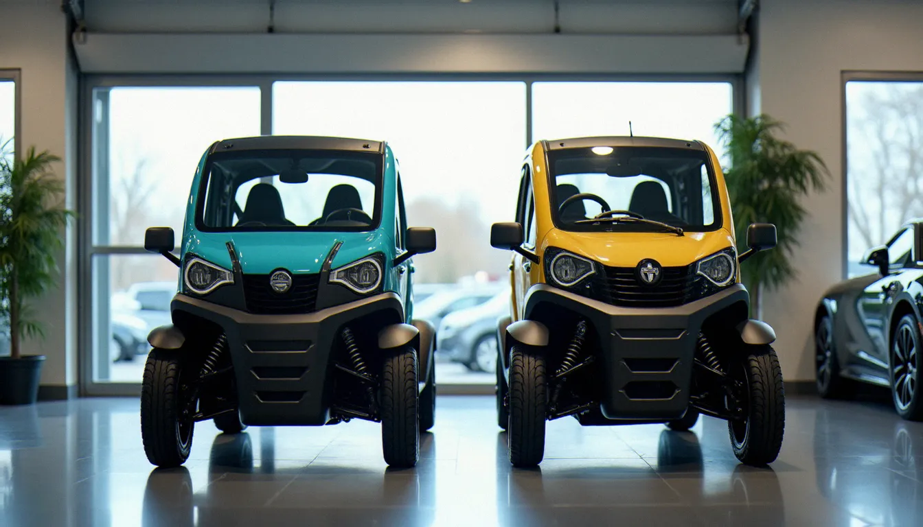 Comparatif de deux autos sans permis côte à côte en concession, vue avant trois quarts, modèles diesel et électrique