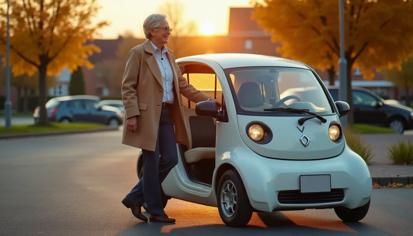 Une conductrice senior montant dans une auto sans permis Aixam dans un parking de ville normande, illustrant l'usage quotidien d'un quadricycle léger