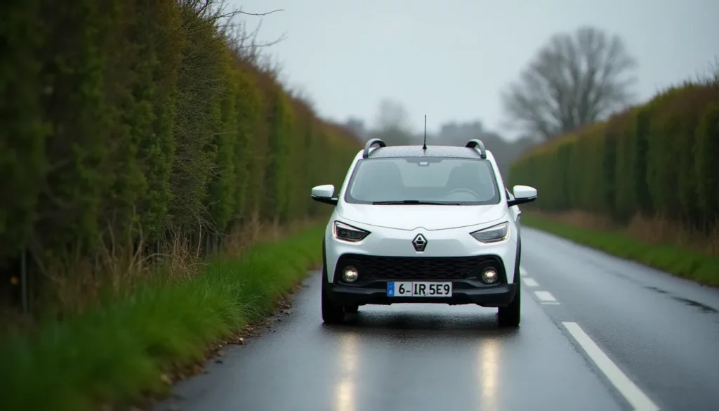 auto sans permis 76 aixam avis featured Une Aixam City blanche garée sur une route normande mouillée en Seine-Maritime, représentant une auto sans permis dans le 76