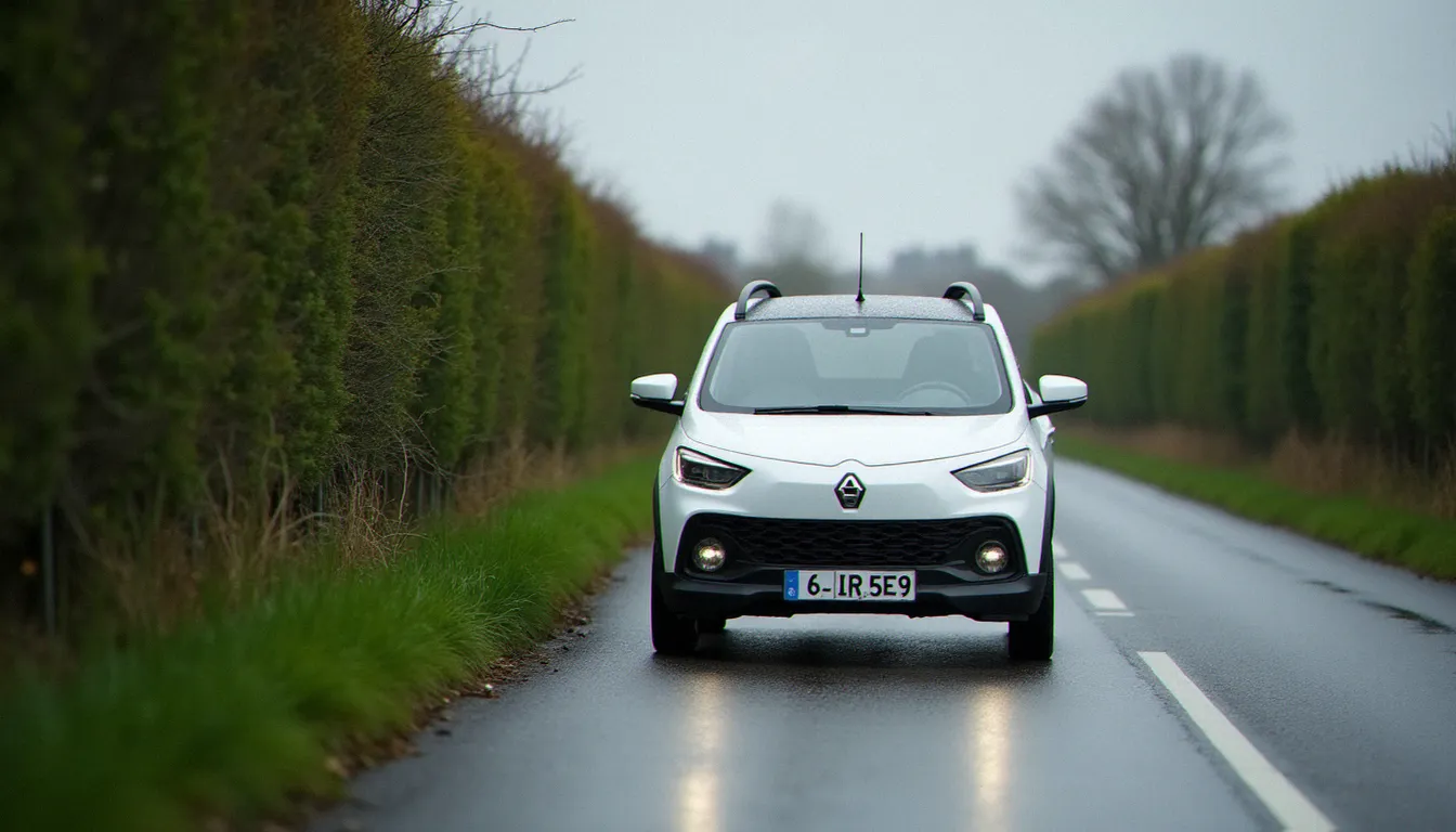 Une Aixam City blanche garée sur une route normande mouillée en Seine-Maritime, représentant une auto sans permis dans le 76